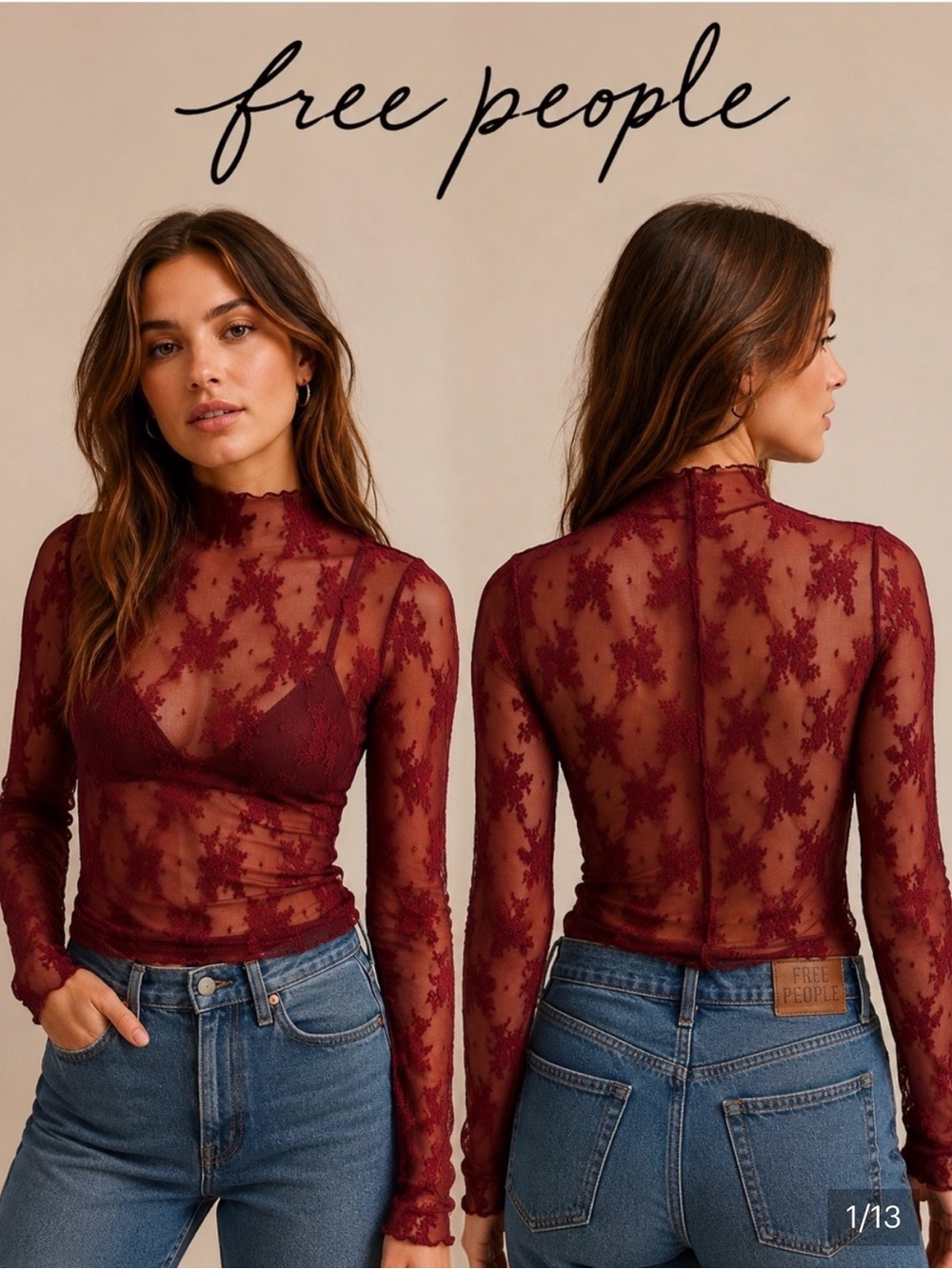 Free People Burgundy Floral Lace Sheer Long Sleeve Top